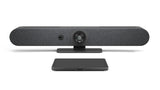 An image of the Logitech Rally Bar Mini and the Logitech Tap IP.