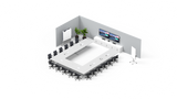 An image of a meeting space. At the front of the room there are two TV screens mounted on a wall. On the table underneath both displays sits a Rally Camera and two Rally Speakers. There is a U-shaped table in the middle of the room with seventeen chairs around it and a Logitech Tap and four Rally Mic Pods on top.