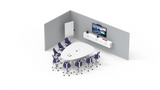 An image of a meeting space. At the front of the room there is a TV screen mounted on a wall with a Rally Speaker placed on top. On the table underneath the display sits a Rally Camera. There is another table in the middle of the room with eight chairs around it and a Logitech Tap and Rally Mic Pod on top.