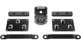 A product image of the Logitech Rally Mounting Kit. The kit comprises the following components: two speaker brackets, one camera bracket, one Table Hub bracket, one Display Hub bracket and two cable retainers.