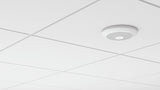 An image of the Rally Mic Pod in white mounted to a white ceiling tile with the Mic Pod Mount.