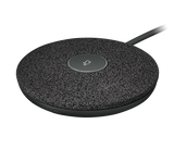 A close-up product image of the Logitech Rally Mic Pod.