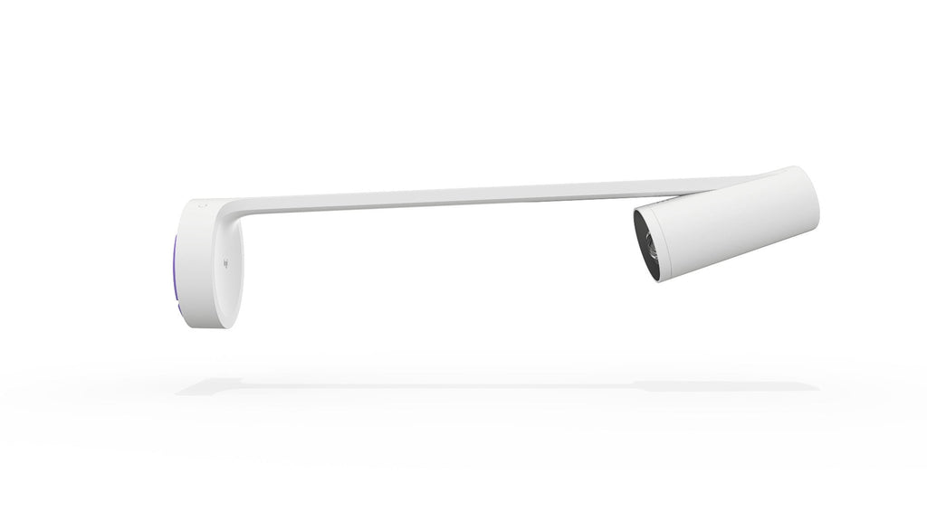 An image of the Logitech Scribe in front of a white background. The camera lens is pointing towards the left-hand side of the frame.