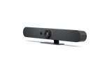 An image of the Logitech Rally Bar Mini which is angled to one side.