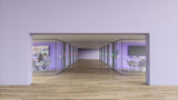 An image of an office with five meeting rooms each side. Outside each meeting room, a Logitech Tap Scheduler is mounted on the wall. This makes it easy to see meeting room availability from a distance. On the left-hand side of the hallway, each Tap Scheduler is lighting up red. This indicates that the meeting rooms are all booked. On the right-hand side, each Tap Scheduler is lighting up green to show that they are available for use.