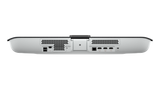 A picture of the bottom of a video bar, the HP Poly Studio X32. The various ports and connections are revealed: two USB-A ports, a USB-C port, an Ethernet port, three HDMI ports and a Kensington lock slot.
