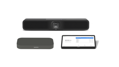 A product image of the Logitech Huddle Room Solution with MeetUp 2 for Google Meet. The kit includes the MeetUp 2 all-in-one video conference camera, the CTL Compute System and the Logitech Tap touch controller.