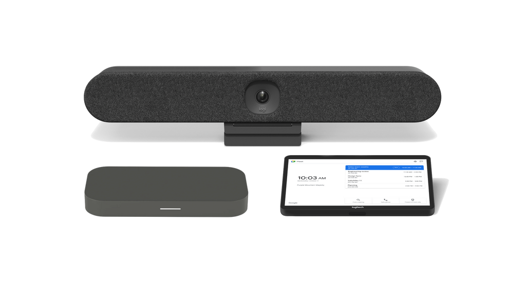 A product image of the Logitech Huddle Room Solution with Rally Bar Huddle for Google Meet. The kit includes the Rally Bar Huddle all-in-one video conference camera, the CTL Compute System and the Logitech Tap touch controller.