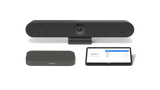 A product image of the Logitech Huddle Room Solution with Rally Bar Huddle for Google Meet. The kit includes the Rally Bar Huddle all-in-one video conference camera, the CTL Compute System and the Logitech Tap touch controller.