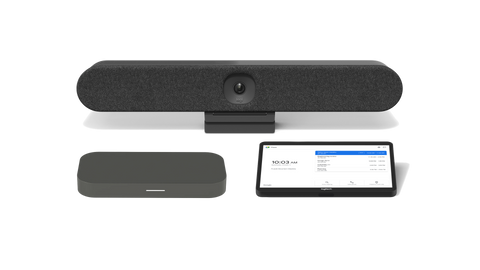 A product image of the Logitech Huddle Room Solution with Rally Bar Huddle for Google Meet. The kit includes the Rally Bar Huddle all-in-one video conference camera, the CTL Compute System and the Logitech Tap touch controller.