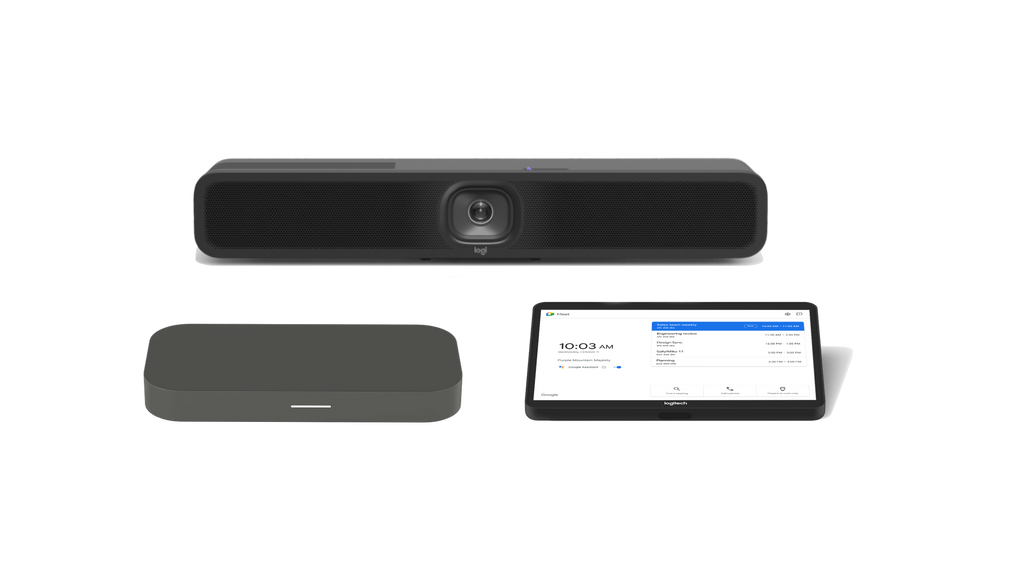 A product image of the Logitech Huddle Room Solution with MeetUp 2 for Google Meet. The kit includes the MeetUp 2 all-in-one video conference camera, the CTL Compute System and the Logitech Tap touch controller.