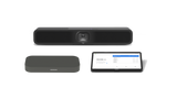 A product image of the Logitech Huddle Room Solution with MeetUp 2 for Google Meet. The kit includes the MeetUp 2 all-in-one video conference camera, the CTL Compute System and the Logitech Tap touch controller.
