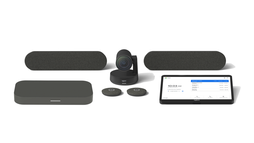 A product image of the Logitech Large Room Solution with Rally Plus for Google Meet. The kit includes the Logitech Rally Camera, the CTL Compute System, the Logitech Tap touch controller, two Rally Speakers and two Rally Mic Pods.