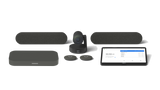 A product image of the Logitech Large Room Solution with Rally Plus for Google Meet. The kit includes the Logitech Rally Camera, the CTL Compute System, the Logitech Tap touch controller, two Rally Speakers and two Rally Mic Pods.