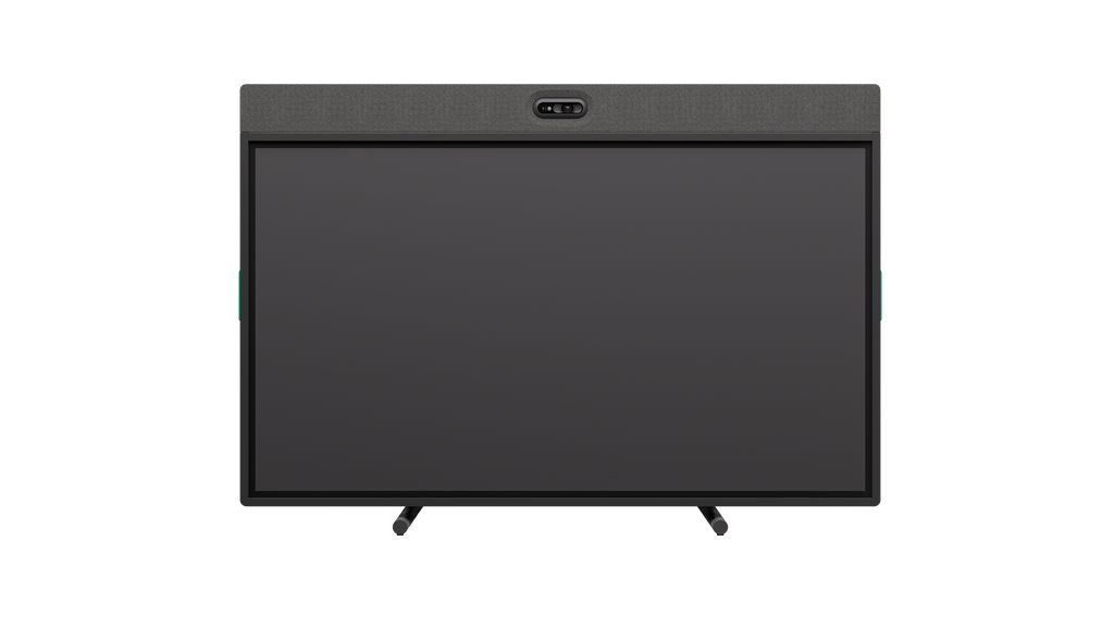 A front-view photo of the graphite Logitech Rally Board 65 with table legs.