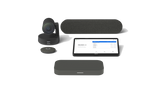 A product image of the Logitech Medium Room Solution with Rally System for Google Meet. The kit includes the Logitech Rally Camera, the CTL Compute System, the Logitech Tap touch controller, the Rally Speaker and Rally Mic Pod.