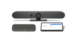 An image of the Logitech Small Room Solution with Rally Bar Mini for Google Meet. The kit includes the Rally Bar Mini all-in-one video conference camera, the CTL Compute System and the Logitech Tap touch controller.