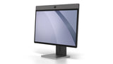 A 45-degree angled photo of the front of the Neat Board 32 on an adaptive table stand. A purple wallpaper background is shown on the screen.