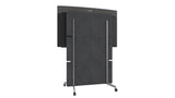 A photo of the back of the Neat Board Pro mounted on the adaptive stand. The stand has four wheels at its base and a large acoustic panel. The Neat logo is visible at the top of the back of the Neat Board Pro.