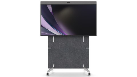 A front-facing photo of the Neat Board Pro on the adaptive stand. The stand has four wheels at its base and a large acoustic panel.