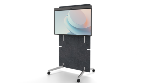 An image of the Neat Board 50 mounted on the Neat adaptive stand. The stand has four wheels and a large grey panel enabling the Neat Board 50 to move up and down.