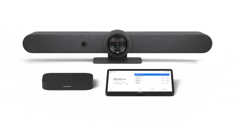 An image of the Logitech Medium Room Solution with Rally Bar for Google Meet. The kit includes the Rally Bar all-in-one video conference camera, the CTL Compute System and the Logitech Tap.