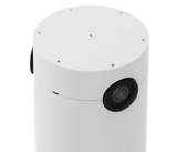 A close-up image of the top of the Logitech Sight in white. The image shows the seven beamforming microphones on the top of the device and the dual 4K cameras on the side of the device.