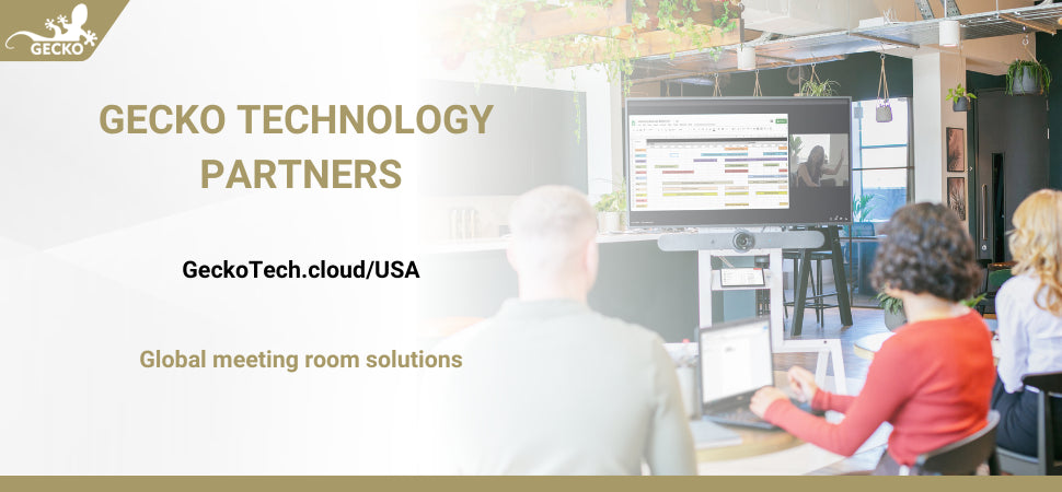 An image with text reading "Gecko Technology Partners. GeckoTech.cloud/USA. Global meeting room solutions". The image is of the Logitech Rally Bar mounted to an AV cart.