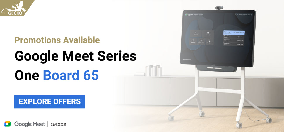 An image of the Google Meet Series One Board 65 on a rolling stand in a meeting space. On the left is text reading “Promotions Available. Google Meet Series One Board 65. Explore Offers”.